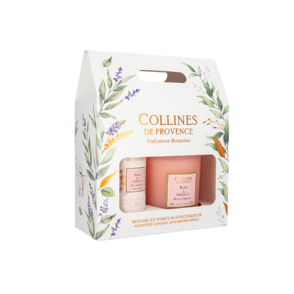 Kerze 180 g & Raumduft-Geschenkset – Rose & Hibiskus