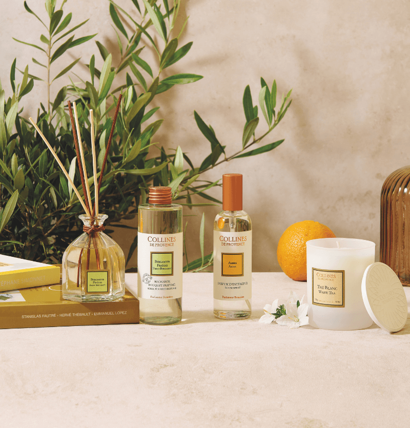 Collection Les Naturelles Collines de Provence avec diffuseur, recharge, spray et bougie, décorés d’oranger et feuillage. »